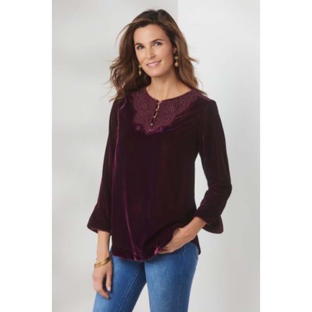 Soft Surroundings Plum Velvet Lace-Yoke Blouse